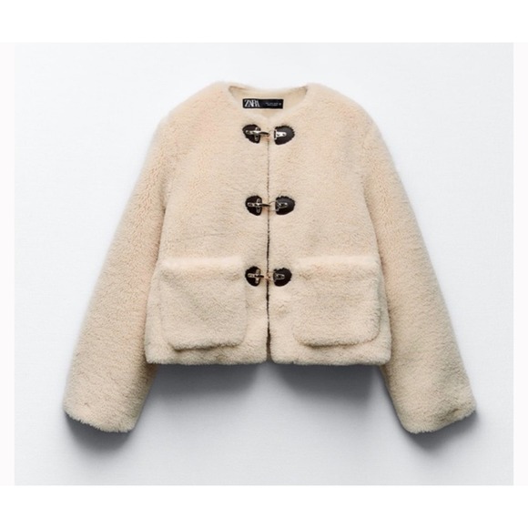 Zara Jackets & Blazers - Zara Faux Fur Jacket Cream Ecru Cropped Toggle Coat 6318/266/712 Womens XS NEW